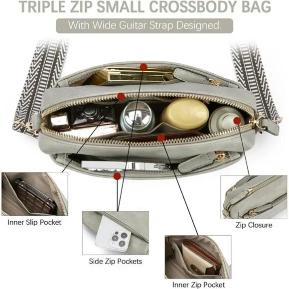 Women Gray Small Crossbody Purse Zip Leather Handbag with Colored Shoulder Strap